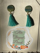 Load image into Gallery viewer, Aquamarine Stud with Long Green Tassels