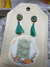 Load image into Gallery viewer, Aquamarine Stud with Long Green Tassels