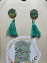 Load image into Gallery viewer, Aquamarine Stud with Long Green Tassels