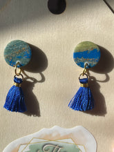 Load image into Gallery viewer, Aquamarine Stud with short dark blue tassels