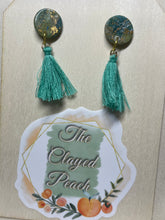 Load image into Gallery viewer, Aquamarine Stud with Long Green Tassels